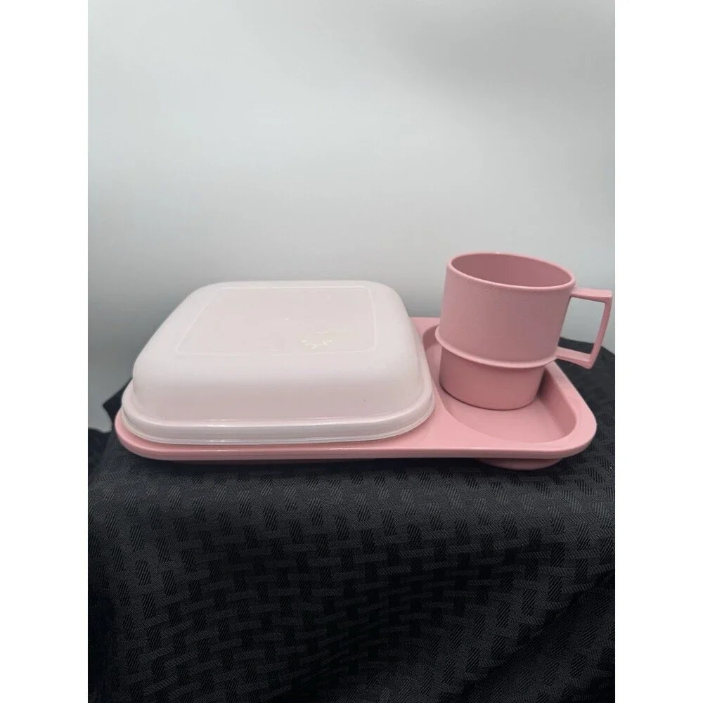 Tupperware Meal Mate Mauve Divided Plate w/Lid 1837-4 + Coffee Cup 1312-28 VTG